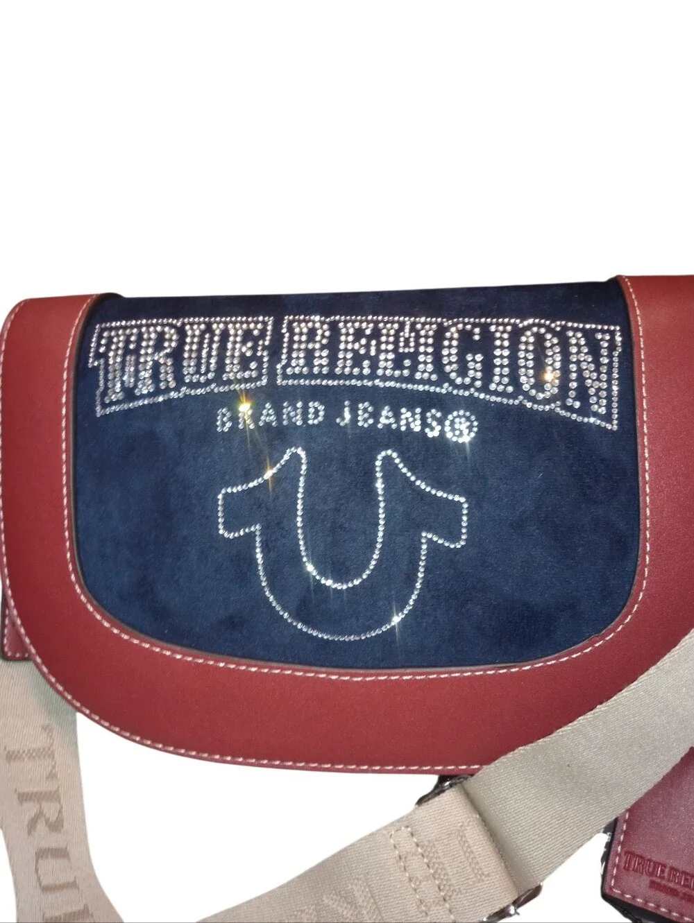 True Religion Navy Suede and Red Leather Crossbody with Beige Strap, NWT